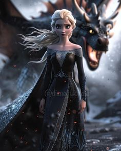 a woman in a black dress standing next to a dragon with long white hair and blue eyes