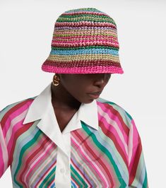 VLogo Signature striped crochet bucket hat in multicoloured - Valentino | Mytheresa Bucket Hat Style, V Logo, Crochet Bucket, Crochet Bucket Hat, Leather Espadrilles, Cotton Poplin Shirt, Poplin Shirt, Leather Tote Bag, Cotton Poplin