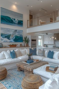 a living room filled with lots of white furniture