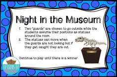 a blue and white poster with the words night in the museum on it's side