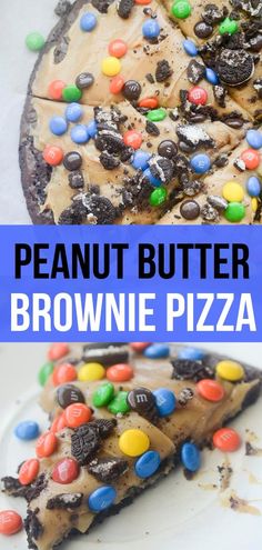 this peanut butter brownie pizza is loaded with m & m's and chocolate chips