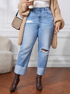 Plus Size Distressed Straight Leg Jeans Blue    Denim Plain Tapered/Carrot Non-Stretch  Women Plus Clothing, size features are:Bust: ,Length: ,Sleeve Length: Ripped Baggy Jeans, Mom Fit Jeans, Rip Mom, Ripped Mom Jeans, Cropped Boyfriend Jeans, Ripped Boyfriend Jeans, Black Ripped Jeans, Distressed Boyfriend Jeans, Jeans Mom