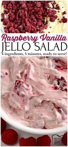 raspberry vanilla jello salad in a white bowl