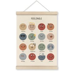 a poster hanging on the wall that says feelings with different emoticions and expressions