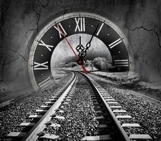 a black and white photo of a train track with a clock in the middle that reads 8 20