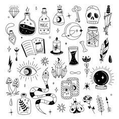 hand drawn doodles with various items and symbols on them, including an eye