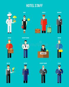 the different types of hotel staffs in flat style stock photo, images and illustrations