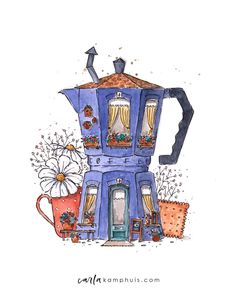 a watercolor drawing of a blue coffee pot with flowers on the outside and windows