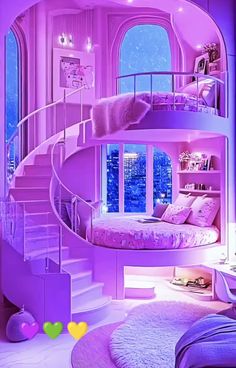 a bedroom with purple walls and stairs in the room is lit up by bright lights