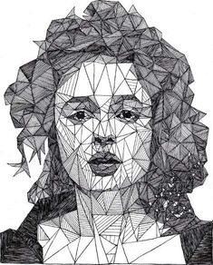 a black and white drawing of a woman's face with geometric shapes on it