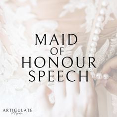 a woman in a white dress with the words maid of honour speech on it