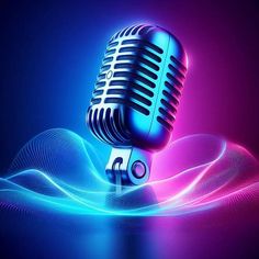 an old fashioned microphone on a blue and pink background with wavy lines in the foreground