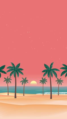 a beach with palm trees and the sun setting in the sky over the ocean on a pink background