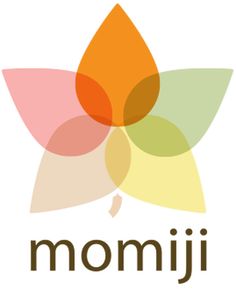 the logo for momii is shown in orange, yellow and green leaves on a white background