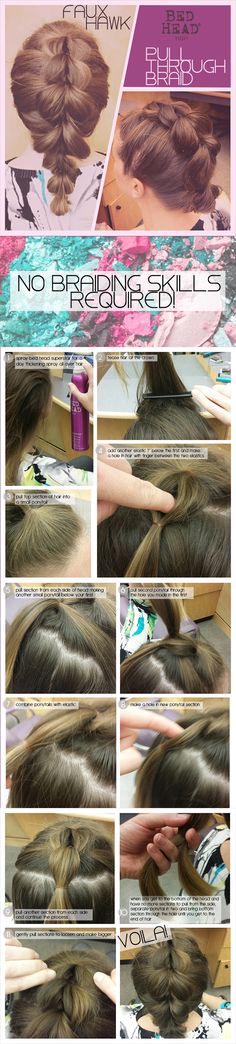 A pull through braid is perfect for people who are braid-challenged, there's no braiding required only ponytails! Get this awesome voluminous braided updo by doing a pull through french braid. Hairstyles Mohawk, Plait Hair, Mohawk Braids, Faux Braid, Faux Hawk Braid, Braid Ponytail, Pull Through Braid, Mohawk Hairstyles, Faux Hawk