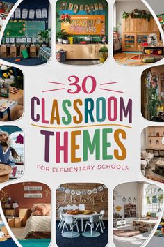 the book cover for 30 classroom themes for elementary school students with pictures of different rooms and furniture