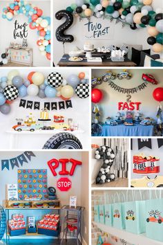 a collage of photos with cars, balloons and other items for a birthday party