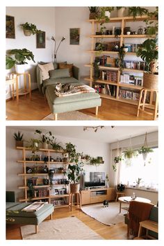 two pictures of a living room with bookshelves and plants on the shelves in it