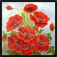 an oil painting of red flowers on a white background