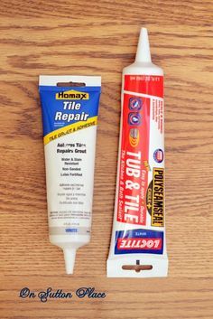 a tube of glue next to a tube of toothpaste on a wooden surface