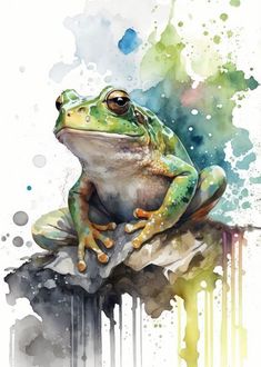 a watercolor painting of a frog sitting on a rock