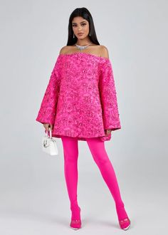 Unleash your inner party diva with our Off Shoulder Jacquard Loose Fitting Dress! This stunning hot pink dress features a flattering off-shoulder design, long loose sleeves, and eye-catching sequin details. The mini length adds a touch of sass, making it the perfect choice for any party. Stand out and feel confident in this stylish and chic dress. Fabric: Non-Stretch Material: Jacquard (Polyester Fiber) Mock Neck Crop Top, Hot Pink Dress, Party Stand, Hot Pink Dresses, Loose Sleeves, Lace Set, Fitting Dress, Loose Fitting Dresses, Loose Dress