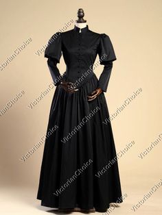 Smooth poly satin frock Steampunk gown with full length skirt, fully lined for extra comfort Leg-of-mutton sleeves with bottom v-hem bodice High collared and buttons down bodice Large waist bow ties in back of gown This Edwardian gown needs no hoop or petticoat underneath to achieve the popular look of the late 1800s 45 inches (114 cm) from waist to hem Follow us on our Instagram @VictorianChoice The best way to tell which size fits the best is to measure your own sizes first (bust size with bra Dickens Dress, Victorian Maid, Punk Costume, Gothic Gowns, Steampunk Black, Vampire Dress, Gothic Costume, Steampunk Dress, Witch Dress