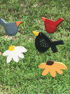 several colorful birds are sitting in the grass with one bird on it's head