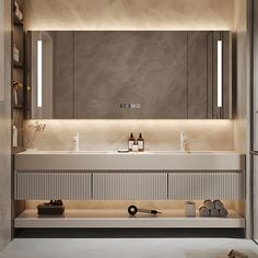 a modern bathroom with two sinks and mirrors