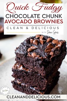 chocolate chunk avocado brownies stacked on top of each other with text overlay