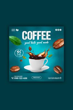 coffee advertisement with splashing liquid in a white cup on a teal blue background