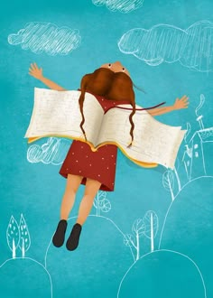 a drawing of a girl reading a book with her arms spread out in the air