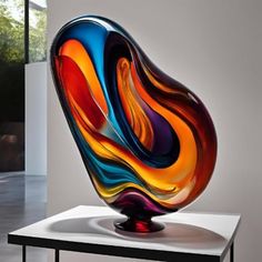 a colorful glass sculpture sitting on top of a white table in front of a window