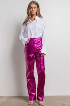 So vibrant and totally on trend. Metallic vegan leather pants featuring button and zip closure with classic 4-pocket design. Straight leg fit, Non stretch, High-waisted Model is 5'8 Wearing a size Small 32-24-34 Actual waist measurements: Small: 25" Medium: 27" Large: 29" Vegan Leather Pants, Going Out Looks, Uni Outfits, Pants Large, Straight Leg Pants, New Era, Vegan Leather, Leather Pants, Cool Outfits