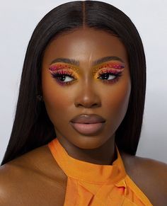 Yellow Makeup Looks, Makeup Looks Colorful, Inspiration For Black Women, Yellow Makeup, Orange Makeup, Bold Makeup Looks