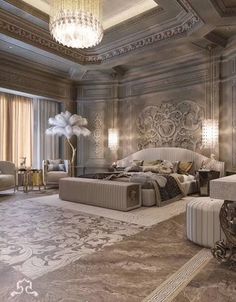 an elegant bedroom with chandelier, bed and couches in the middle of it