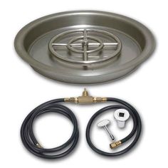 a stainless steel sink with two hoses and an outlet