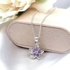 Check out this item in my Etsy shop https://www.etsy.com/listing/999996650/925-sterling-silver-plumeria-necklace Cute Purple Jewelry, Violet Flower Necklace, Beautiful Necklaces Unique, Light Purple Jewelry, Beautiful Jewelry Unique, Purple Jewelry Necklace, Purple Plumeria, Purple Flower Necklace, Lavender Necklace