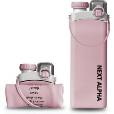 a pink flask bottle next to a camera on a white background with the words nikapia printed on it