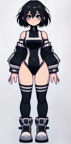 an anime character with short black hair and knee pads, wearing roller skates while standing in front of a white background