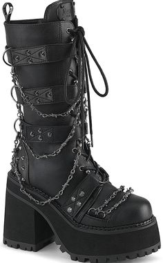 The ultimate biker boots! Covered in barbed wire chain decals and flanked with studs, these boots are a step up on yer regular punk kicks! Black PU Vegan 4 3/4 inch heel 2 1/4 inch platform Metal Cone Studded Hook-N-Loop Straps W/ Bull Ring Centers and Clip-On Hanging Barbed Wire Chain, D-Ring Details & Barbed Wire Chain Across the Toe, Inside Metal Zip Closure Mid Calf High Boots U.S women's sizing-refer to size chart for more info - these run smaller than the Shaker series if in doubt size up. Platform Boots Hot Topic, Boots Gothic Women, Black Ghotic Boots, Alt Shoes Cheap, Gothic Buckle Accessories For Boots, Goth Shoes Chain, Where To Shop For Spike Boots, Punk Boots Miggon 🛍️, Goth Boots Vampirefreaks