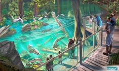 an artist's rendering of a zoo exhibit with people looking at the animals in the water