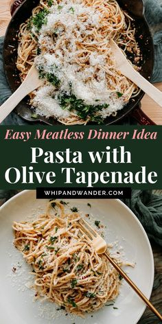 pasta with parmesan cheese and herbs in a skillet on a wooden table