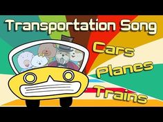 a cartoon bus with the words transportation song cars planes trains