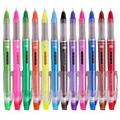 many different colored pens lined up in a row