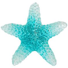 a blue and white starfish with bubbles on it's back side, against a white background