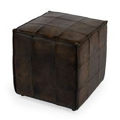 a brown leather cube ottoman on a white background