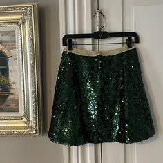 Never Worn. New Condition. Elastic Waist Gold. Waist 13 16 Inches Long Emerald Green Sequin Skirt, Spring Green Sequined Bottoms, Elegant Green Skirt With Sequins, Green Sequined Party Skirt, Green Sequined Fitted Skirt, Emerald Green Skirt, Green Sequin Skirt, Sparkle Skirt, Tour Outfits