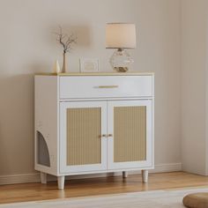 a white cabinet with wicker doors and a lamp on top in a living room