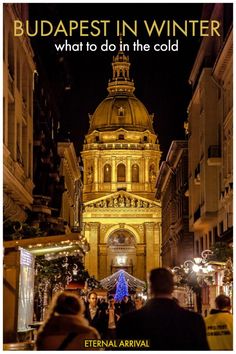 the cover of budapest in winter what to do in the cold, with people walking around